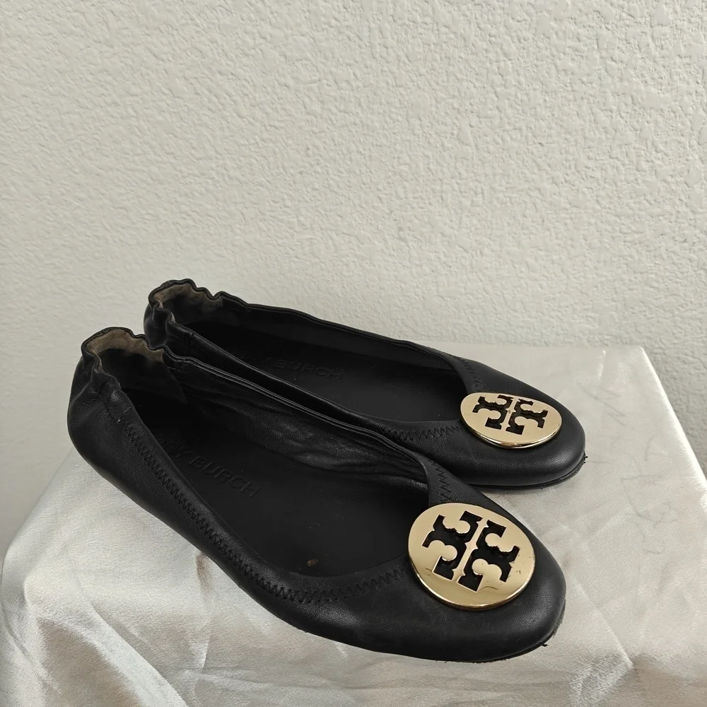 Tory Burch Claire Ballet Flats Black Gold Slip On Size 8 Women's